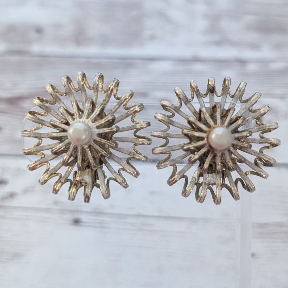 Vintage Clip On Earrings 1.25" Large Statement Unusual Gold Tone & Faux Pearl